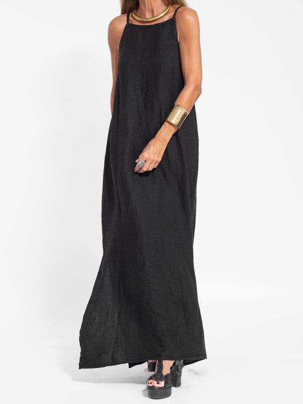 New fashionable casual cotton and linen slit suspender dress - Casual Dress