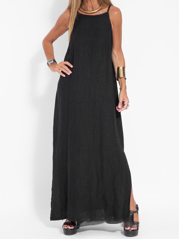 New fashionable casual cotton and linen slit suspender dress - Casual Dress