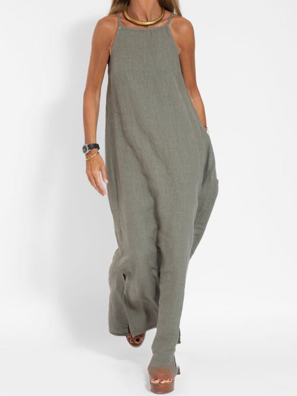 New fashionable casual cotton and linen slit suspender dress - Casual Dress