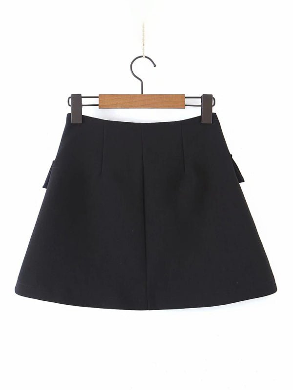 New fashionable casual diagonal button short blazer + high waist pocket skirt suit - Skirt Suit