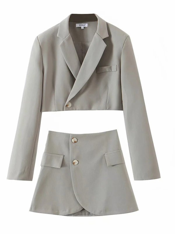New fashionable casual diagonal button short blazer + high waist pocket skirt suit - Skirt Suit
