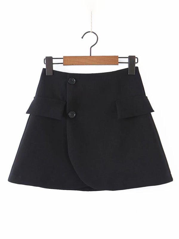 New fashionable casual diagonal button short blazer + high waist pocket skirt suit - Skirt Suit