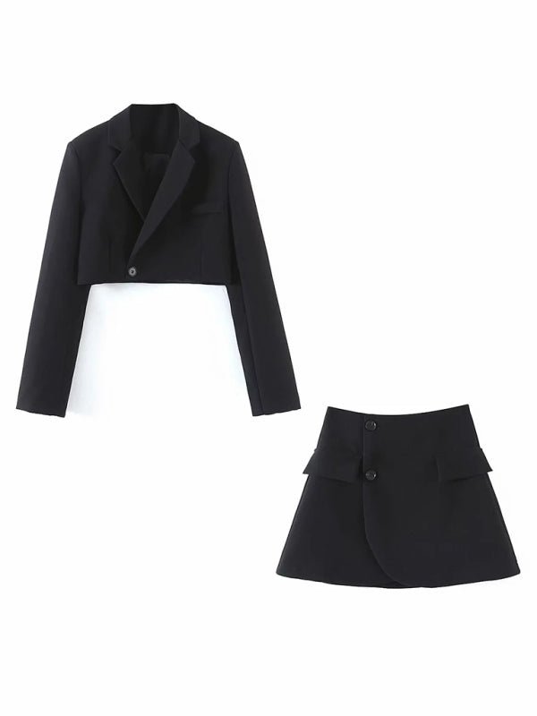 New fashionable casual diagonal button short blazer + high waist pocket skirt suit - Skirt Suit