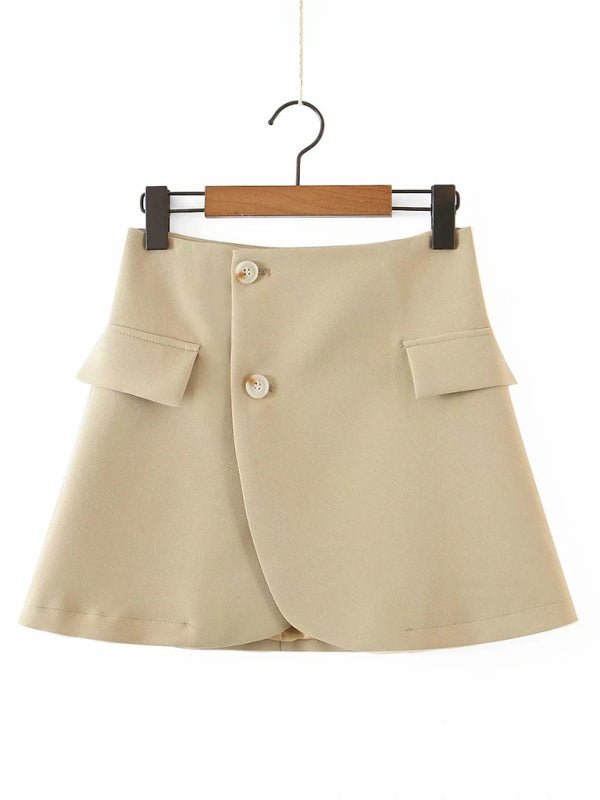 New fashionable casual diagonal button short blazer + high waist pocket skirt suit - Skirt Suit