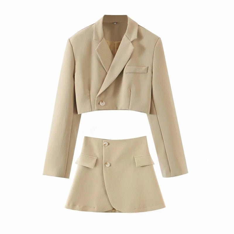New fashionable casual diagonal button short blazer + high waist pocket skirt suit - Skirt Suit