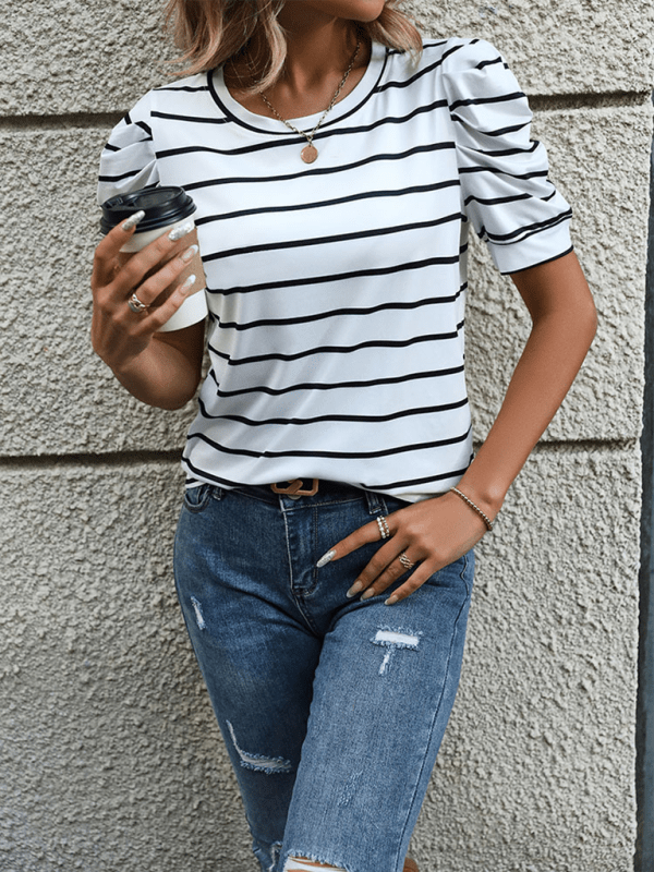 New Fashionable Puff Sleeve Striped T-Shirt - Top