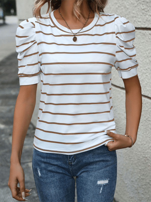 New Fashionable Puff Sleeve Striped T-Shirt - Top
