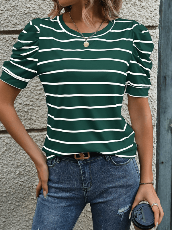 New Fashionable Puff Sleeve Striped T-Shirt - Top