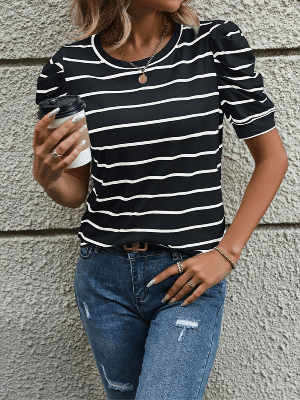 New Fashionable Puff Sleeve Striped T-Shirt - Top