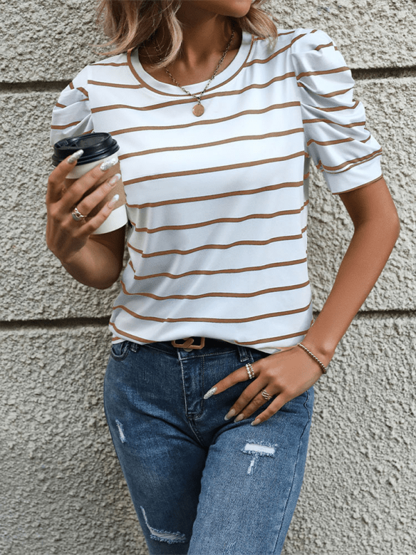 New Fashionable Puff Sleeve Striped T-Shirt - Top