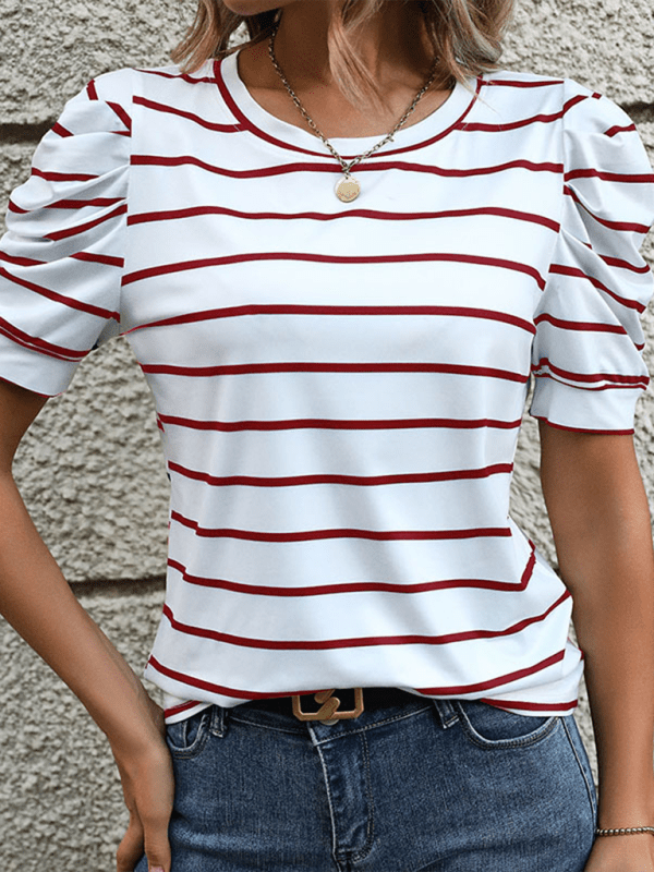 New Fashionable Puff Sleeve Striped T-Shirt - Top