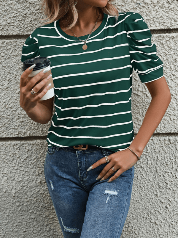 New Fashionable Puff Sleeve Striped T-Shirt - Top