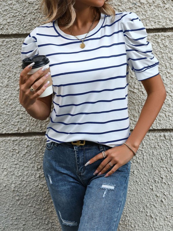 New Fashionable Puff Sleeve Striped T-Shirt - Top