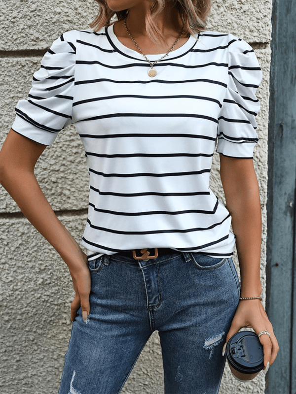 New Fashionable Puff Sleeve Striped T-Shirt - Top