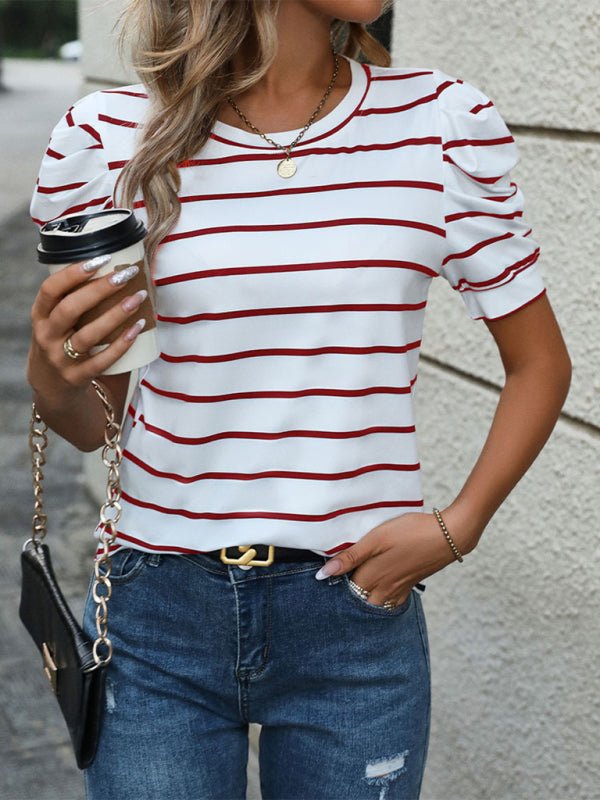 New Fashionable Puff Sleeve Striped T-Shirt - Top