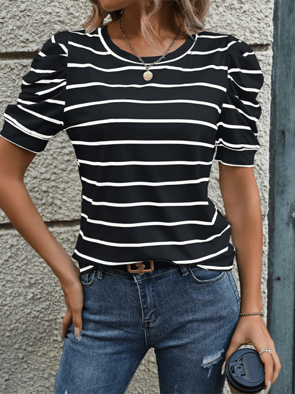 New Fashionable Puff Sleeve Striped T-Shirt - Top