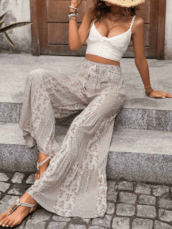 New high - waisted wide - leg trousers with stitching ethnic style casual wide - leg trousers - Bottoms