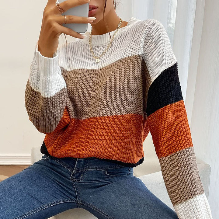 New Lazy Style Colorblock Crewneck Ladies Sweater - Outerwear
