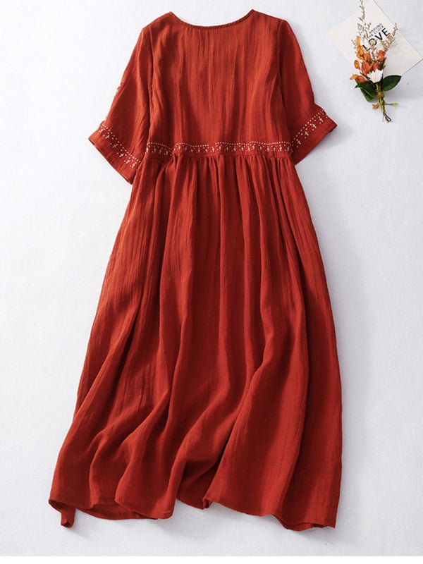 New literary retro casual loose embroidered long dress with large hem - Casual Dress
