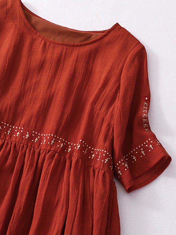 New literary retro casual loose embroidered long dress with large hem - Casual Dress
