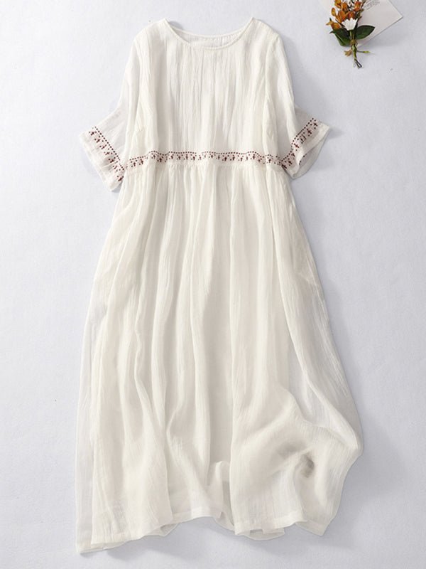 New literary retro casual loose embroidered long dress with large hem - Casual Dress