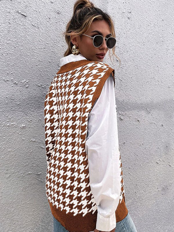 New loose houndstooth v - neck knitted vest - Outerwear