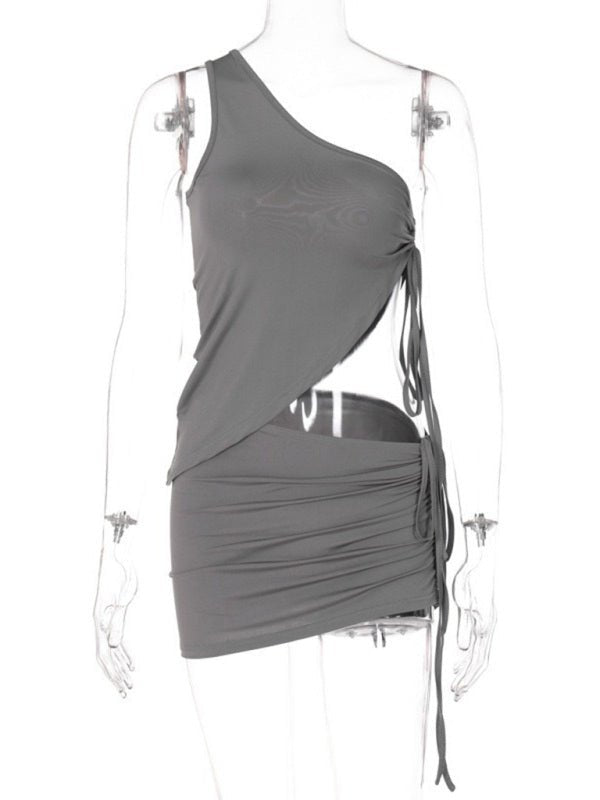 New one - shoulder design vest and pleated skirt two - piece set - Skirt Suit