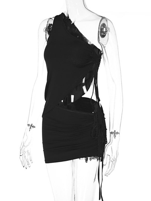 New one - shoulder design vest and pleated skirt two - piece set - Skirt Suit