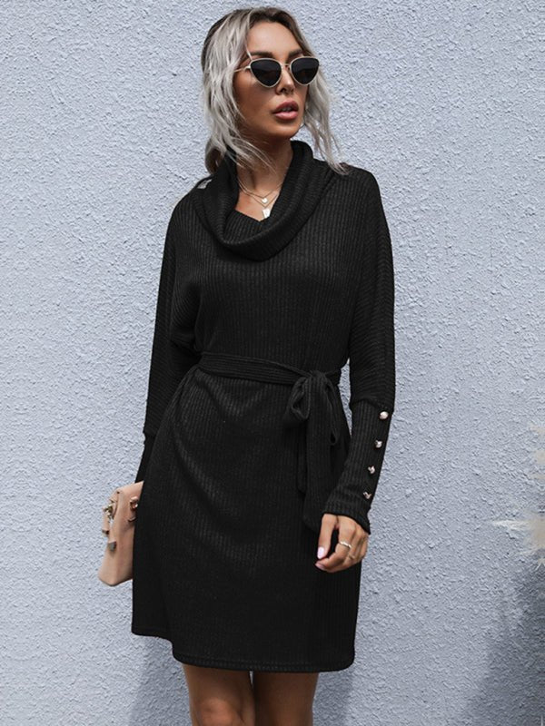 New pile collar solid color bottoming knitted sweater dress with long sleeves - Sweater Dress