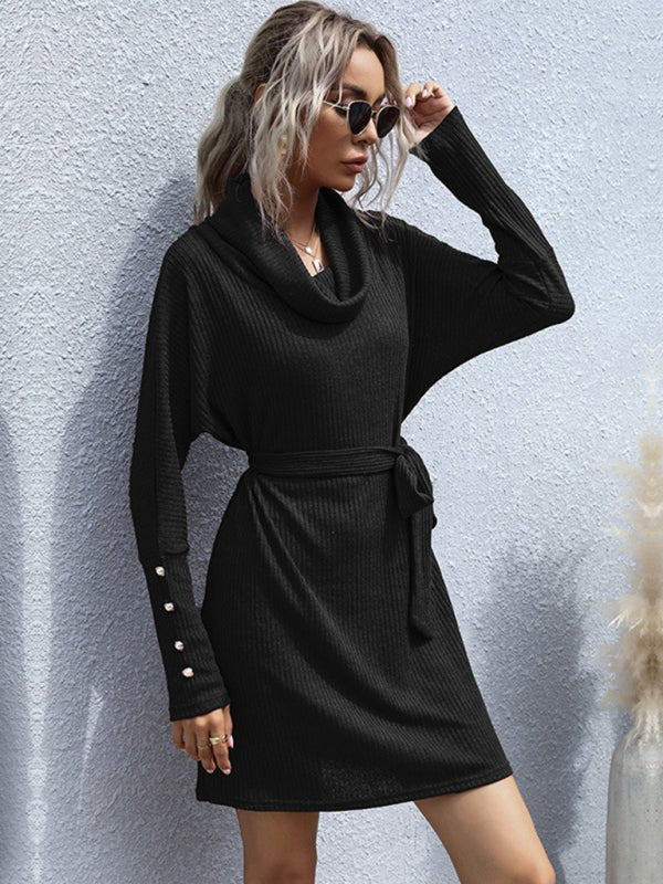 New pile collar solid color bottoming knitted sweater dress with long sleeves - Sweater Dress