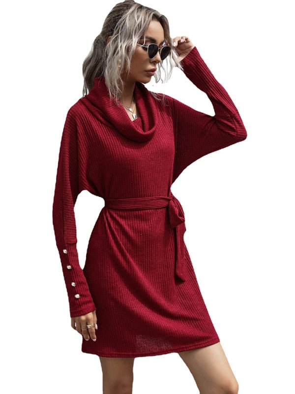 New pile collar solid color bottoming knitted sweater dress with long sleeves - Sweater Dress