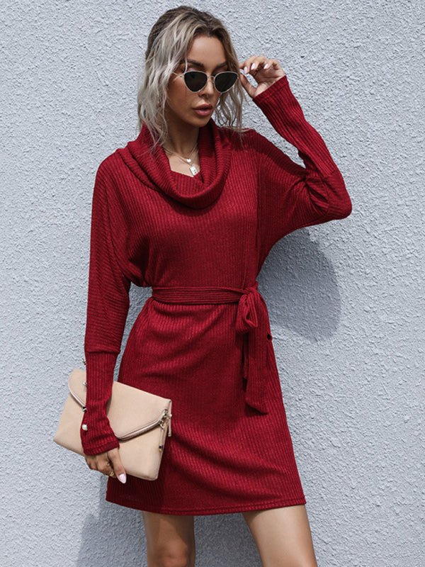 New pile collar solid color bottoming knitted sweater dress with long sleeves - Sweater Dress