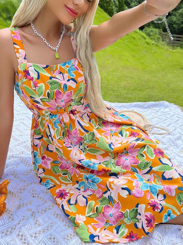 New printed French style suspender skirt design sense floral dress - Day Dress