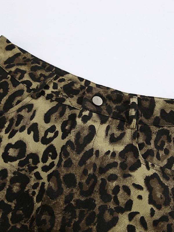 New retro casual pants leopard print street wide leg three - point shorts - Bottoms