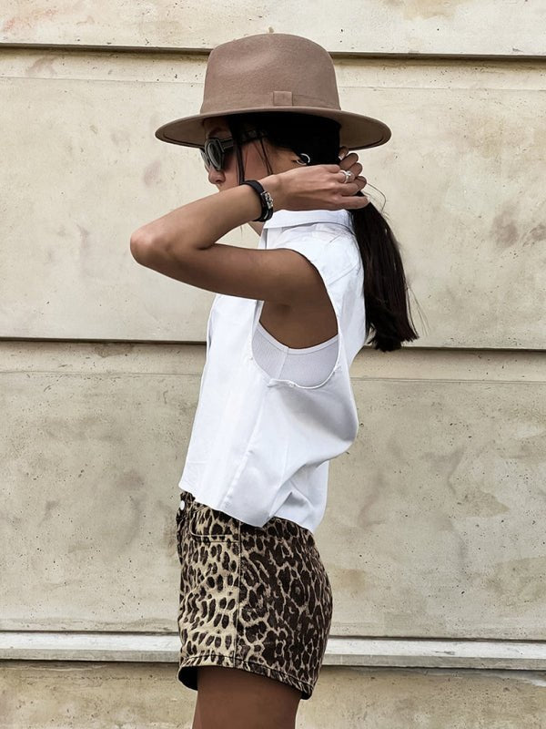 New retro casual pants leopard print street wide leg three - point shorts - Bottoms