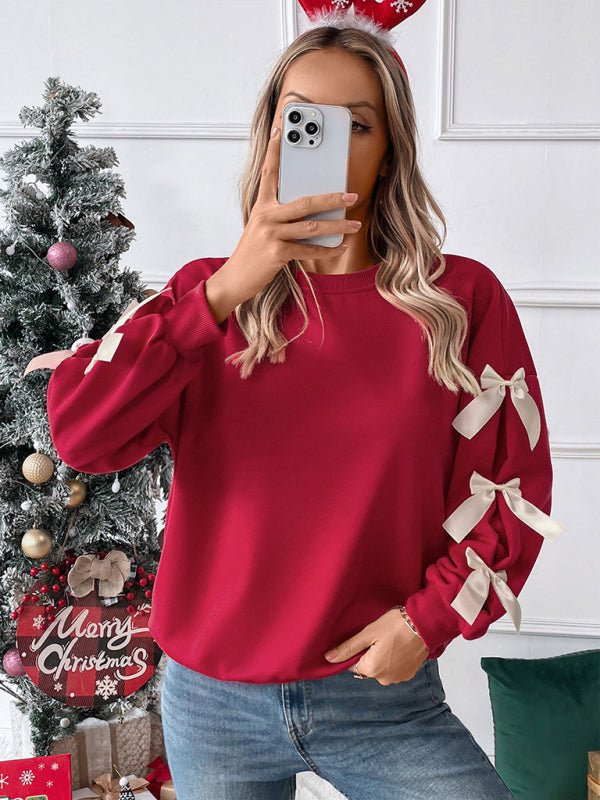 New Round Neck Bow Red Christmas Sweater - 