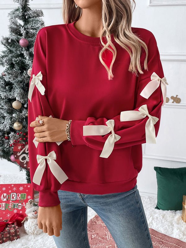 New Round Neck Bow Red Christmas Sweater - 
