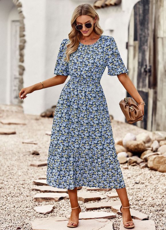 New round neck printed waist temperament A - line dress - Vacation Dress