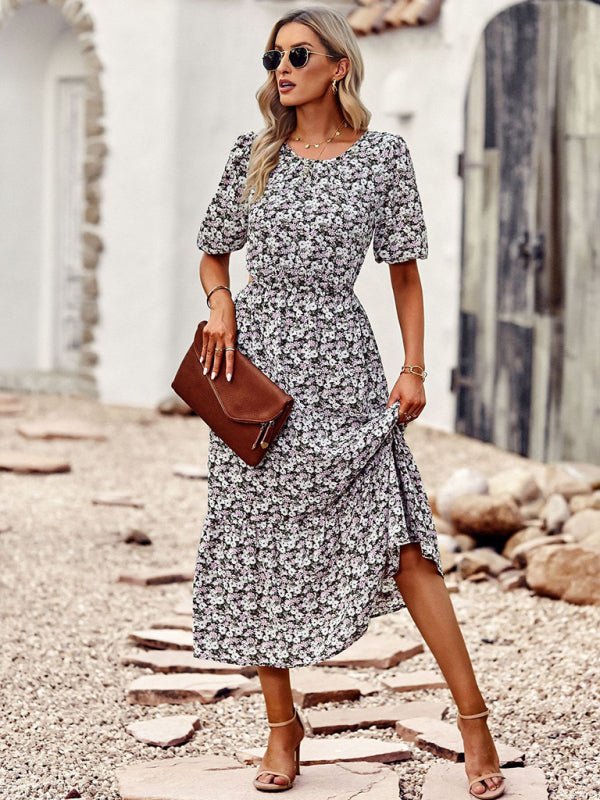 New round neck printed waist temperament A - line dress - Vacation Dress