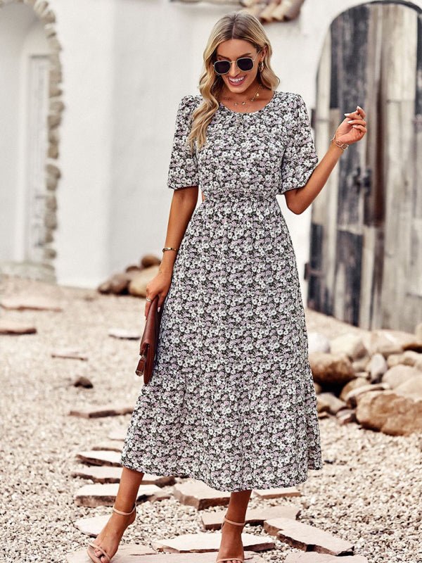New round neck printed waist temperament A - line dress - Vacation Dress