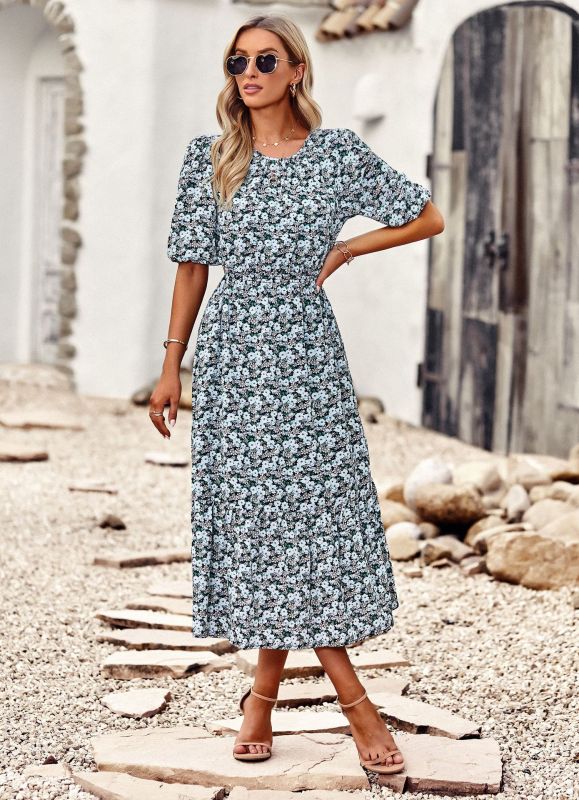 New round neck printed waist temperament A - line dress - Vacation Dress