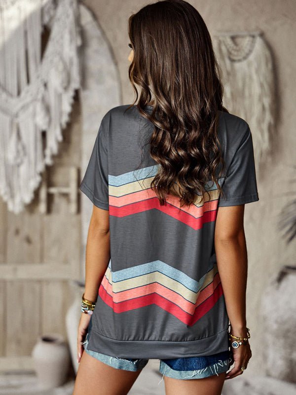 New round neck T-shirt rainbow strip top - Top