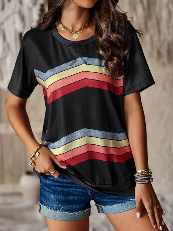 New round neck T-shirt rainbow strip top - Top