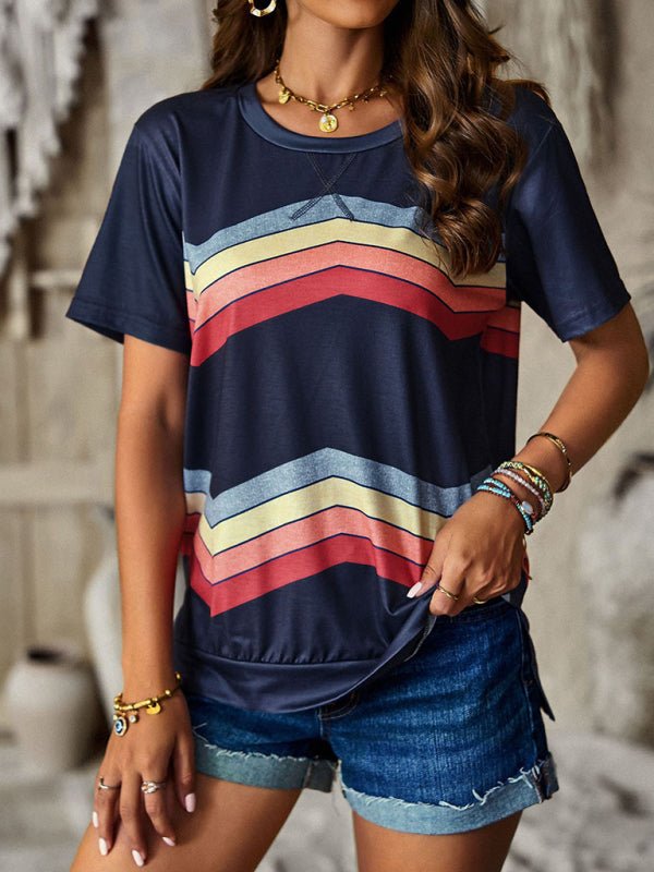 New round neck T-shirt rainbow strip top - Top