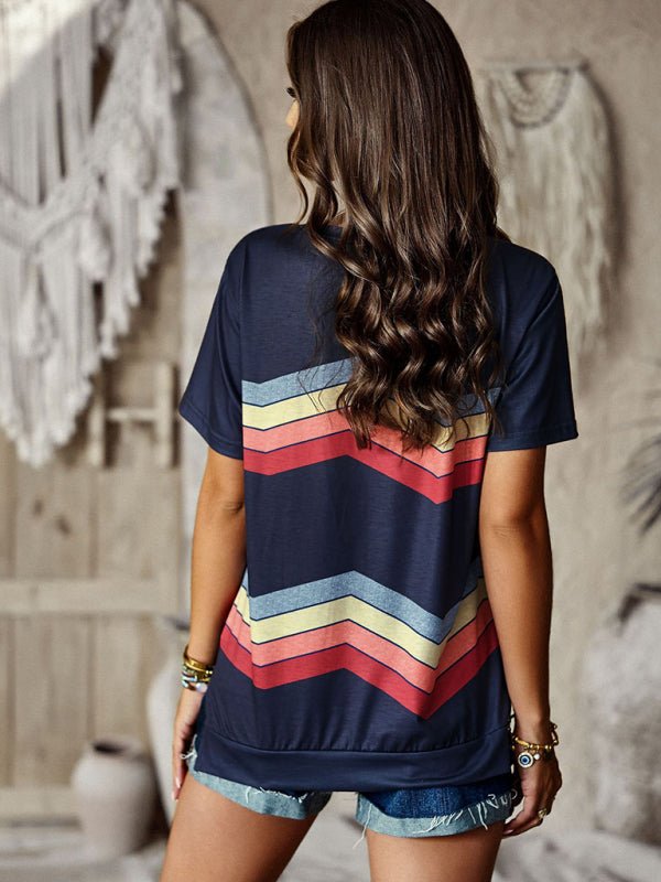 New round neck T-shirt rainbow strip top - Top