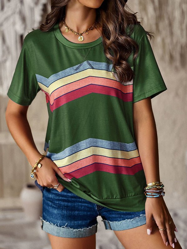 New round neck T-shirt rainbow strip top - Top