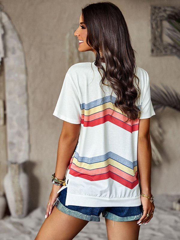 New round neck T-shirt rainbow strip top - Top