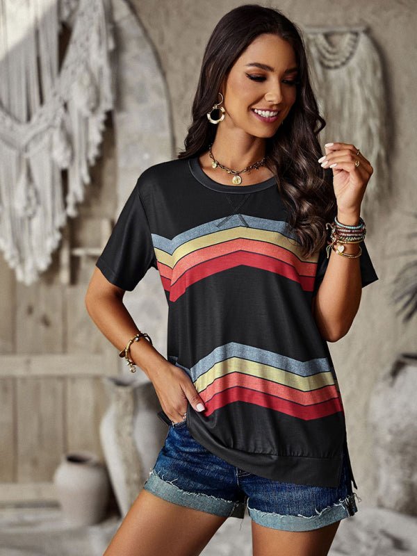 New round neck T-shirt rainbow strip top - Top
