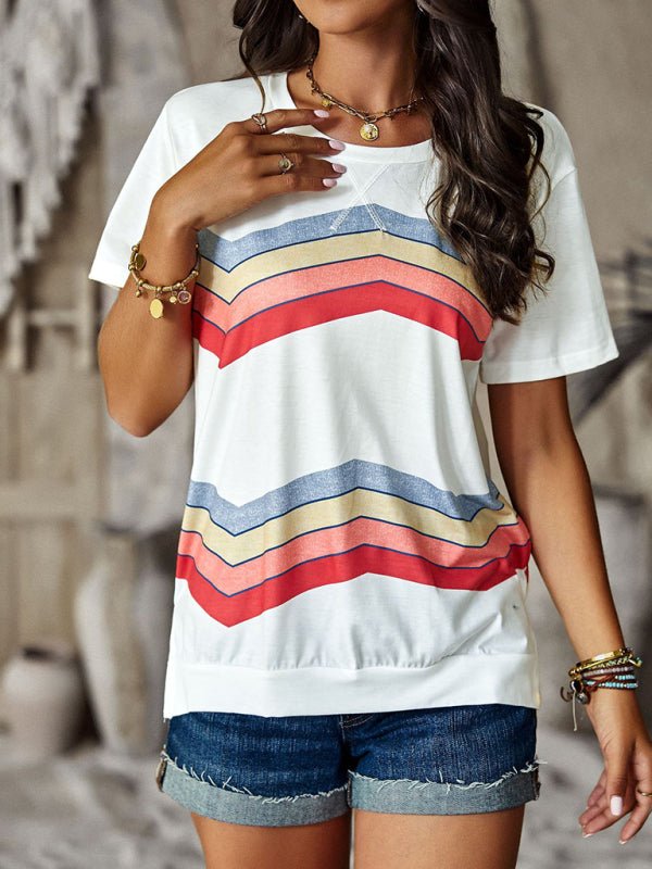 New round neck T-shirt rainbow strip top - Top