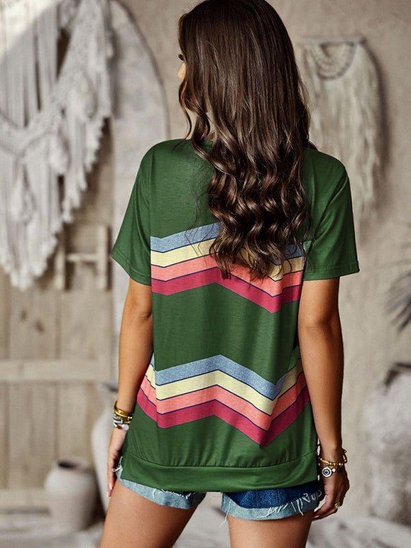 New round neck T-shirt rainbow strip top - Top
